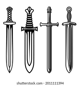 Set of illustrations of medieval swords. Design element for poster, card, banner,emblem, sign. Vector illustration