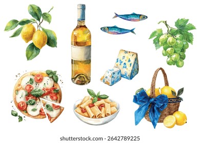 Set of illustrations of Mediterranean products png. Watercolor Mediterranean cuisine products. Lemons, bottle of white wine, sardines, pizza margherita and pasta. Italian cuisine concept. Summer sea.