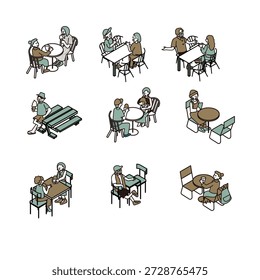 A set of illustrations of meetings and consultations where people are gathered around a table.