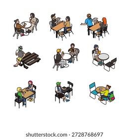 A set of illustrations of meetings and consultations where people are gathered around a table.