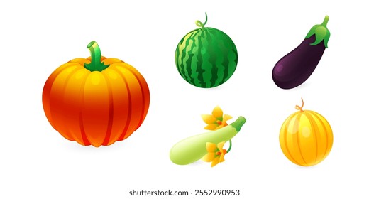 A set of illustrations of melons, watermelon, pumpkin, zucchini, eggplant, melon, in a realistic 3D style.