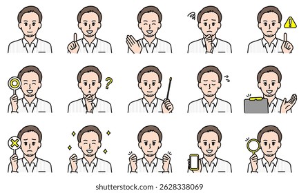 A set of illustrations of men in casual fashion expressing their emotions through their facial expressions and poses.