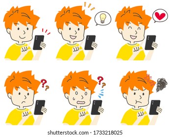 Set of illustrations of men operating a smartphone