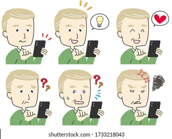 Set of illustrations of men operating a smartphone
