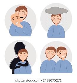 A set of illustrations of a men with psychological problems. Mental health, psychology problem concept. Flat vector illustration isolated on white background.