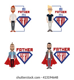 Set of illustrations with men with trendy clothes and text on a white background