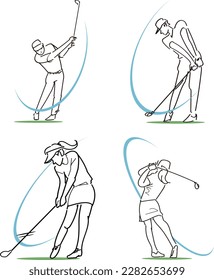 A set of illustrations of men and women swinging a club in golf.