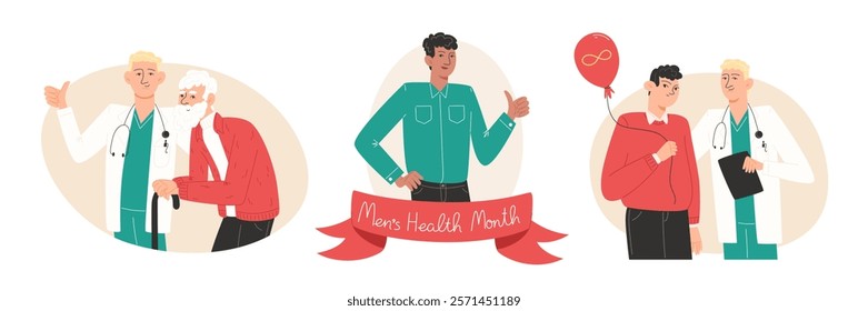 Set of Illustrations for Men's Health Day: Doctor with Elderly Patient, Doctor with Young Patient with Neurodiversity, Young Man Showing Thumbs Up