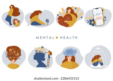 Conjunto de ilustraciones Salud mental, autocuidado, psicología. Ilustración vectorial. Vector aislado. Psiquiatría. Trastorno de la conciencia. Las mujeres y la depresión. Soledad.