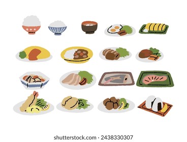 Set of illustrations of menus on Japanese dining tables