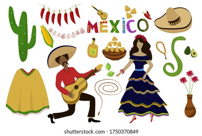 A set of illustrations in the Mexican style. The guy plays the guitar and the girl dances. Icons. Sombrero, cactus, tortilla, chili pepper, garlic, poncho, pottery. Vector illustration.