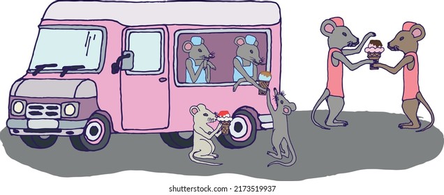 A set of illustrations of mice next to the truck. Pink van, ice cream, grey, eps ready to use. For your design