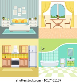 Set illustrations modern interior of living house. Interior of room in house bathroom and kitchen vector