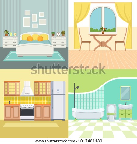 Set illustrations modern interior of living house. Interior of room in house bathroom and kitchen vector