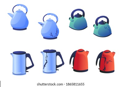 Set of illustrations of a modern teapot, broken kitchen appliances on a white background. A kettle for boiling water with cracks and a worn texture.