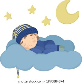 A set of illustrations with the moon, stars and a child who sleeps on a cloud