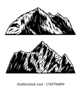 Set of illustrations of mountains in engraving style. Design element for logo, emblem, sign, poster, card, banner. Vector illustration