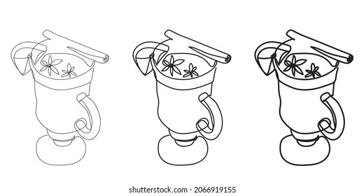 Set of illustrations with Mulled wine line drawings with different line thickness. Drink Collection. Vector isolated illustration of hot winter drink. Continuous line drawing. 