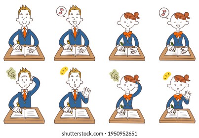 A set of illustrations of multiple facial expressions and gestures of men and women studying in uniform