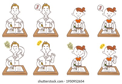 A set of illustrations of multiple facial expressions and gestures of men and women studying in summer clothes