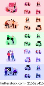 Set of illustrations. Multiply, pastel colors. Business pack with people and office devices. Teamworking, conversation, meeting, puzzles, red, orange, green, purple, blue. Business analysis, solution