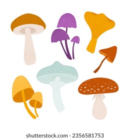 set of illustrations of mushrooms in a cute style. colorful mushrooms. fly agaric, chanterelle mushroom, boletus, pale grebe.