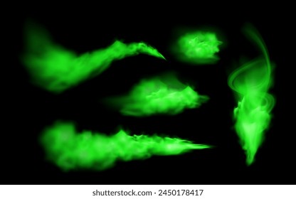 Set of illustrations of mystical green smog. Bright neon clouds of steam or trails of haze in rounded shapes are ideal for space game design on a black background.