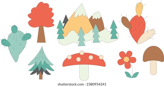 A set with illustrations of natural elements: trees, flowers, mountains, fir trees, oaks, cacti, mushrooms. Suitable for creating patterns, decorating business cards, flower shops, printing and websit