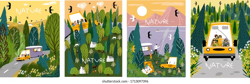 
Set of illustrations with nature. Vector cute pictures with car, dad, mom, children, nature, for cards, print, books, banners