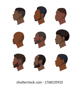 Set of illustrations of negroid race male profiles. Vector portraits of men in a flat style. African avatars on a white background.