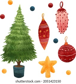 A set of illustrations for the New year decorations on the Christmas tree, balls and pendants, a star on the top of the Christmas tree, sequins, sequins, a potted Christmas tree