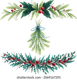 set of illustrations New Year's leaves and wreaths mistletoe for Christmas