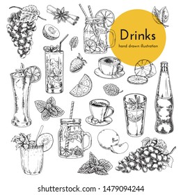 set of illustrations with non-alcoholic drinks. coffee, lemonade, cocktails, smoothies. hand drawn illustrations for drinks menu card