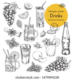 set of illustrations with non-alcoholic drinks. lemonade, cocktails, smoothies. hand drawn illustrations for drinks menu card