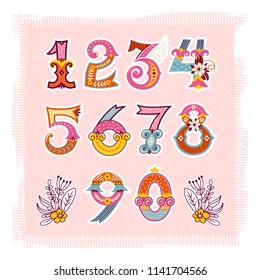 Set of illustrations with numbers. Freehand drawing. Can be used for scrapbook, postcards, etc.