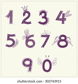Set of illustrations with numbers. Freehand drawing.