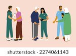 Set of illustrations nurses speaking with old people. Elder care and help concept. Social workers taking care about senior man and woman. Vector flat cartoon illustration. 