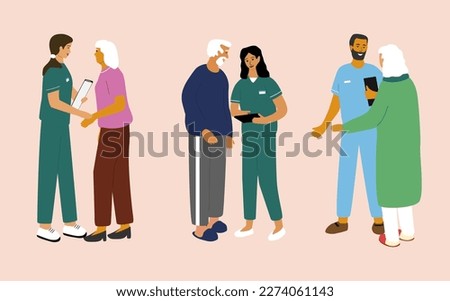 Set of illustrations nurses speaking with old people. Elder care and help concept. Social workers taking care about senior man and woman. Vector flat cartoon illustration. 