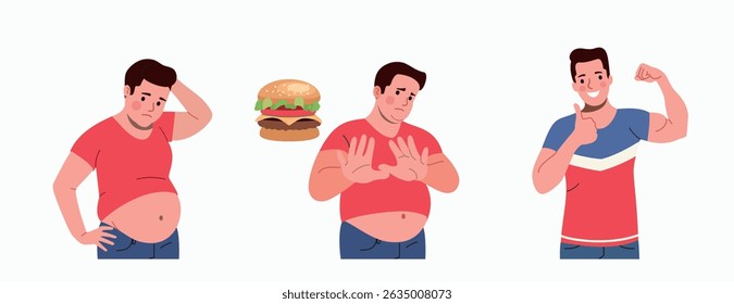 Set of illustrations with an obese man. The concept of weight loss and diet. Flat style cartoon vector 