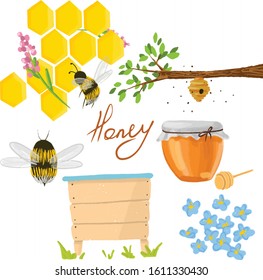 Set of illustrations and objects for beekeeping and honey collection. Bees pollinate flowers. Can be used for decoration of honey packaging. Logo, print backgrounds, packing bags.