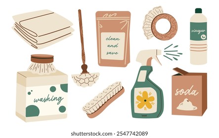 A set of illustrations of objects for eco-friendly cleaning. Safe cleaning products.