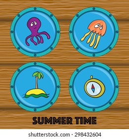 Set of illustrations of octopus, jellyfish, island, compass in round cabin window on the wood background. Vector illustration.