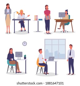 Set of illustrations. Office workers sitting at tables with computers or laptop. Colleagues communication. Women standing near desks. Businesspeople working, smiling. Workplace of manager, employee