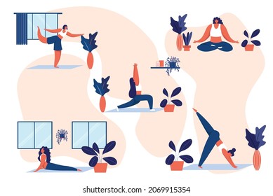 Set of illustrations og Girls  in yoga postures and meditating. Spiritual and physical practice. Aerobics exercise and morning meditation vector illustration.