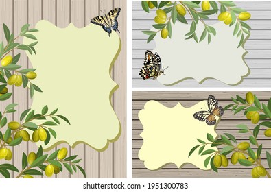 Set of illustrations with olive branches.Olive branches and frames on a wooden background in vector illustration set.