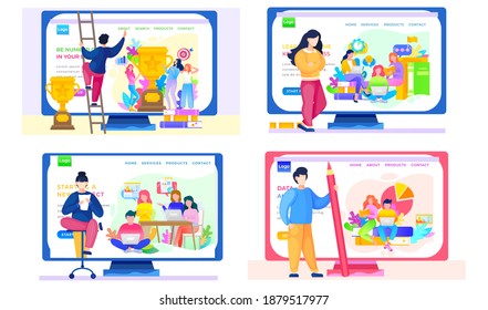 A set of illustrations on the app for running and planning a business. Online store landing page template. Presentation of the program for data analysis and project creation. People work with monitor