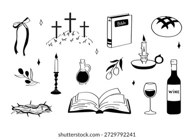 Set of illustrations on the Christian theme of Easter, featuring biblical symbols and symbols of Holy Communion in doodle style.