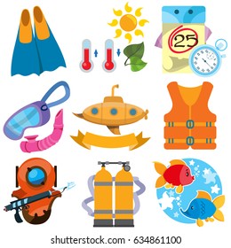 A set of illustrations on diving, tourism, sea travel and research. Elements for infographics.