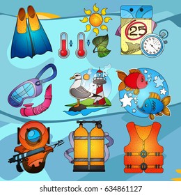 A set of illustrations on diving, tourism, sea travel and research. Elements for infographics.