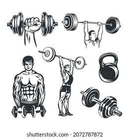 Set of illustrations on fitness and weightlifting on white background.